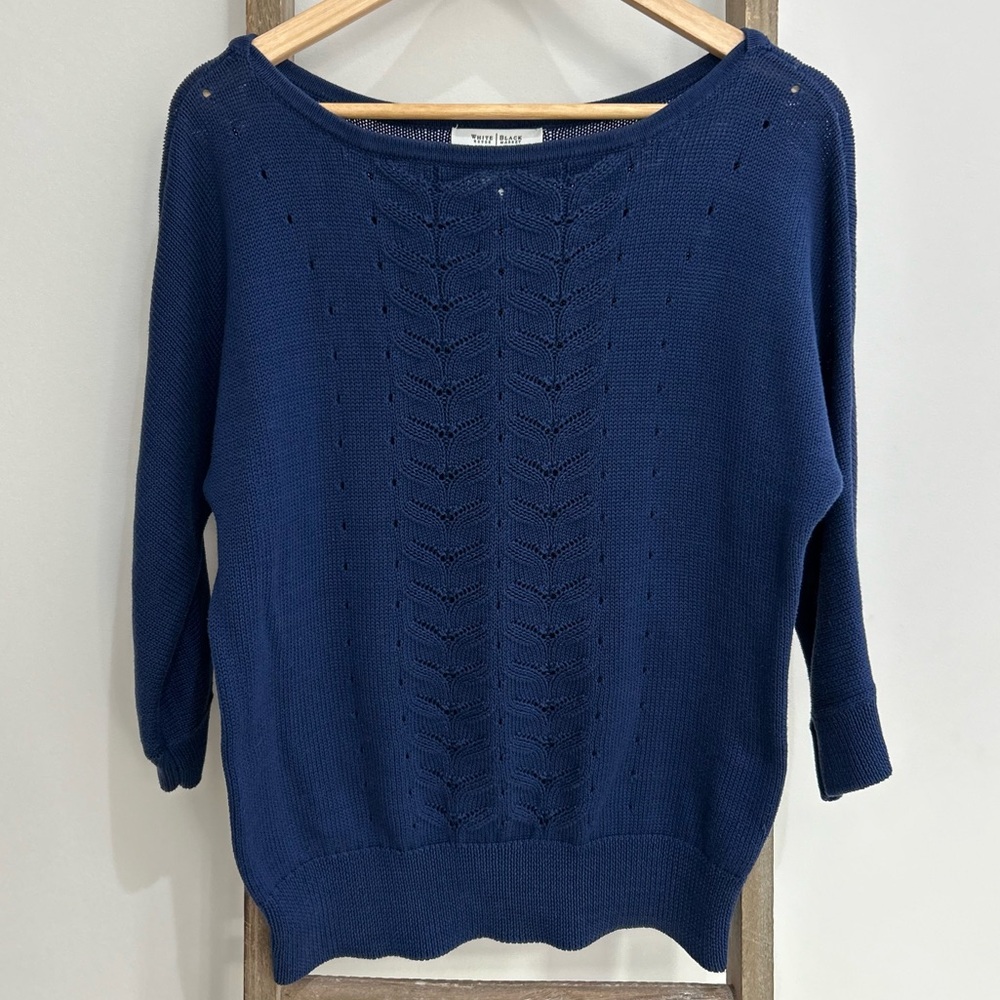 White House Black Market Blue Crew Neck Knit Sweater 3/4 Sleeve Women Size S